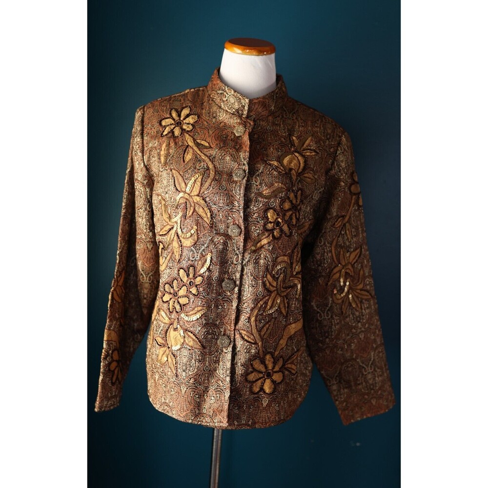 Vintage Dressbarn Tapestry Floral Paisley Beaded Maximalist Bronze Button Jacket